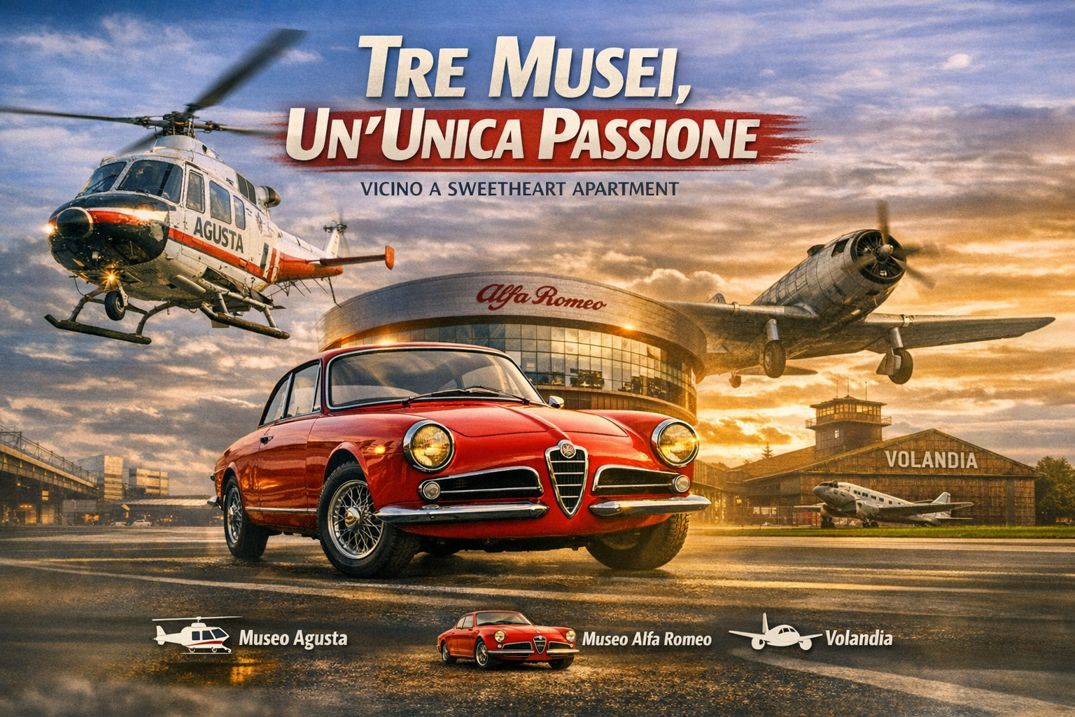 Composizione con elicottero Agusta, aereo storico e un'auto Alfa Romeo, rappresentando i musei Volandia, il Museo Alfa Romeo e il Museo Agusta vicino a Sweetheart Apartment.