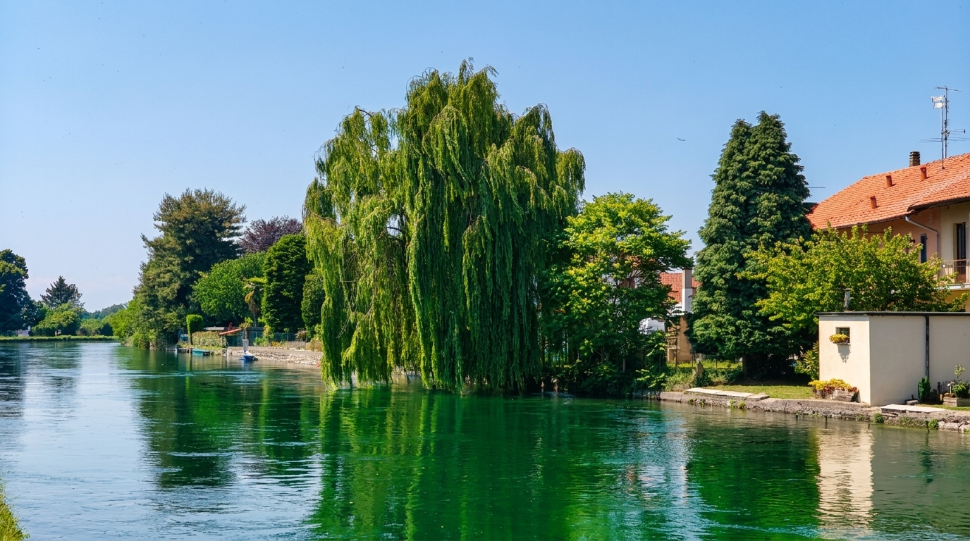 Paesaggio fluviale a Bernate Ticino con casa storica e vegetazione primaverile sul Naviglio Grande