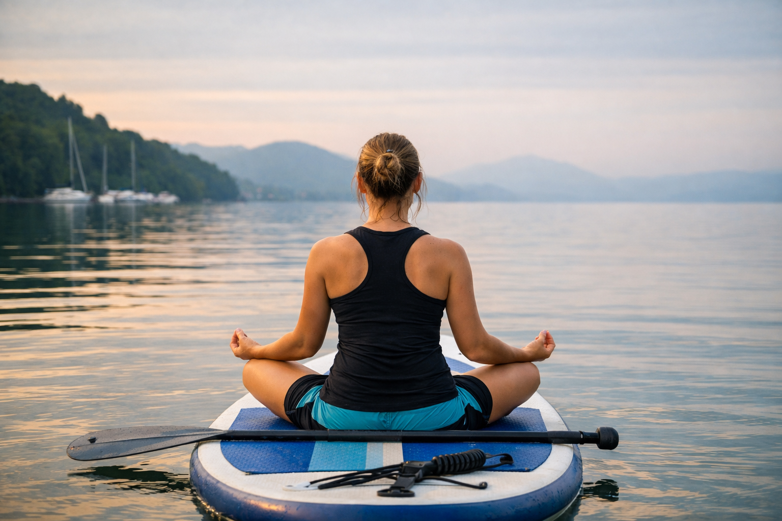 Pratica di SupMindfulness su tavola SUP, persona di schiena in meditazione